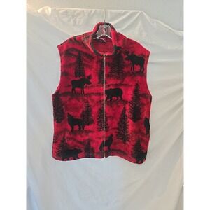 Northern Lifestyles Fleece Vest Bear Moose Tree Motif Red Full-zip Outdoor